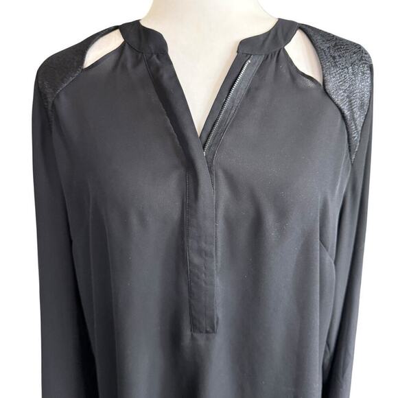 KUT FROM THE KLOTH WOMENS BLACK SHEER Blouse 3/4 Zip Cut Out Shoulder Design XL - Picture 2 of 14